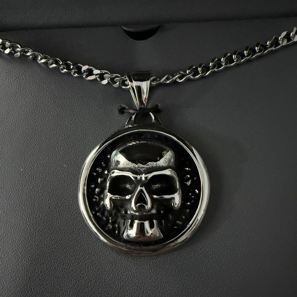 Ed Hardy Skull Head Stainless Steel Silver Tone Necklace Chain Pendant New 26”
